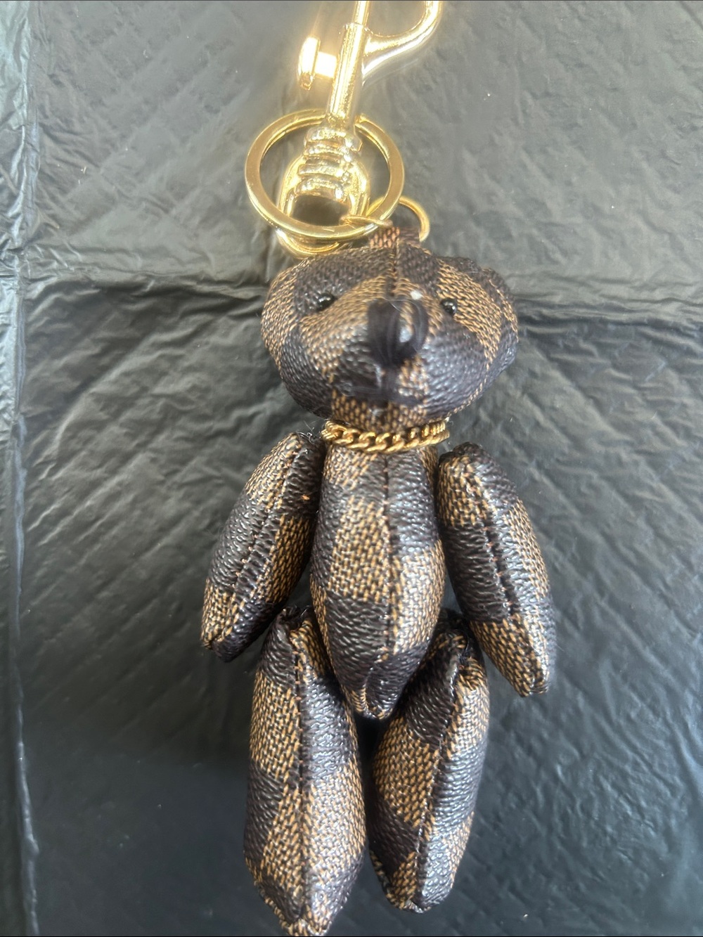 Designer-Inspired Brown Checkered Bear Keychain with Gold Hardware